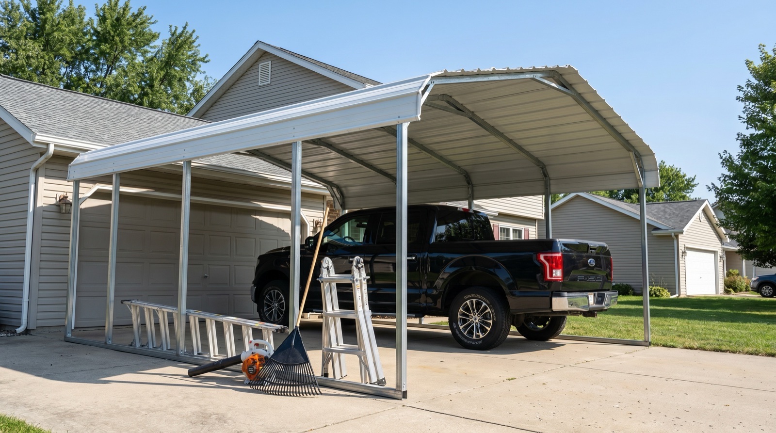 Carport sheltering a pickup truck on sunny day