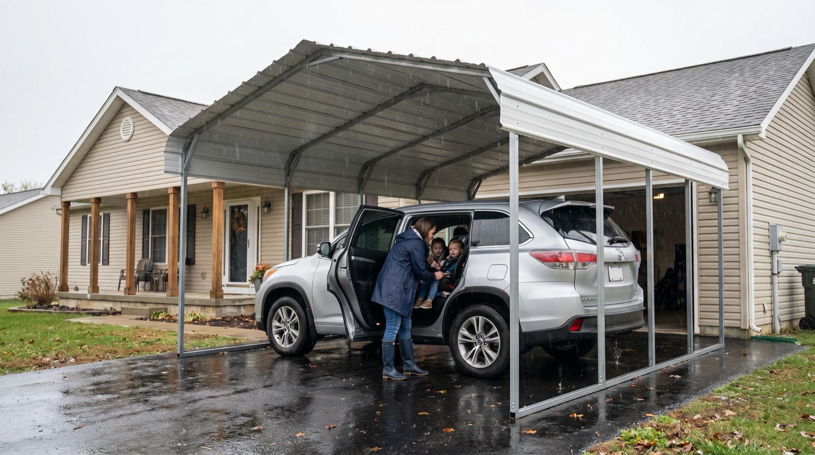 Family loading kids into SUV under carport