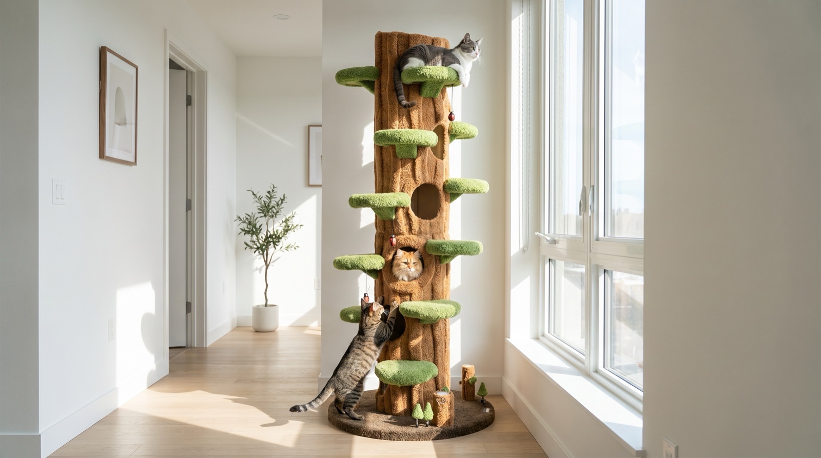 Three cats playing on multi-level cat condo