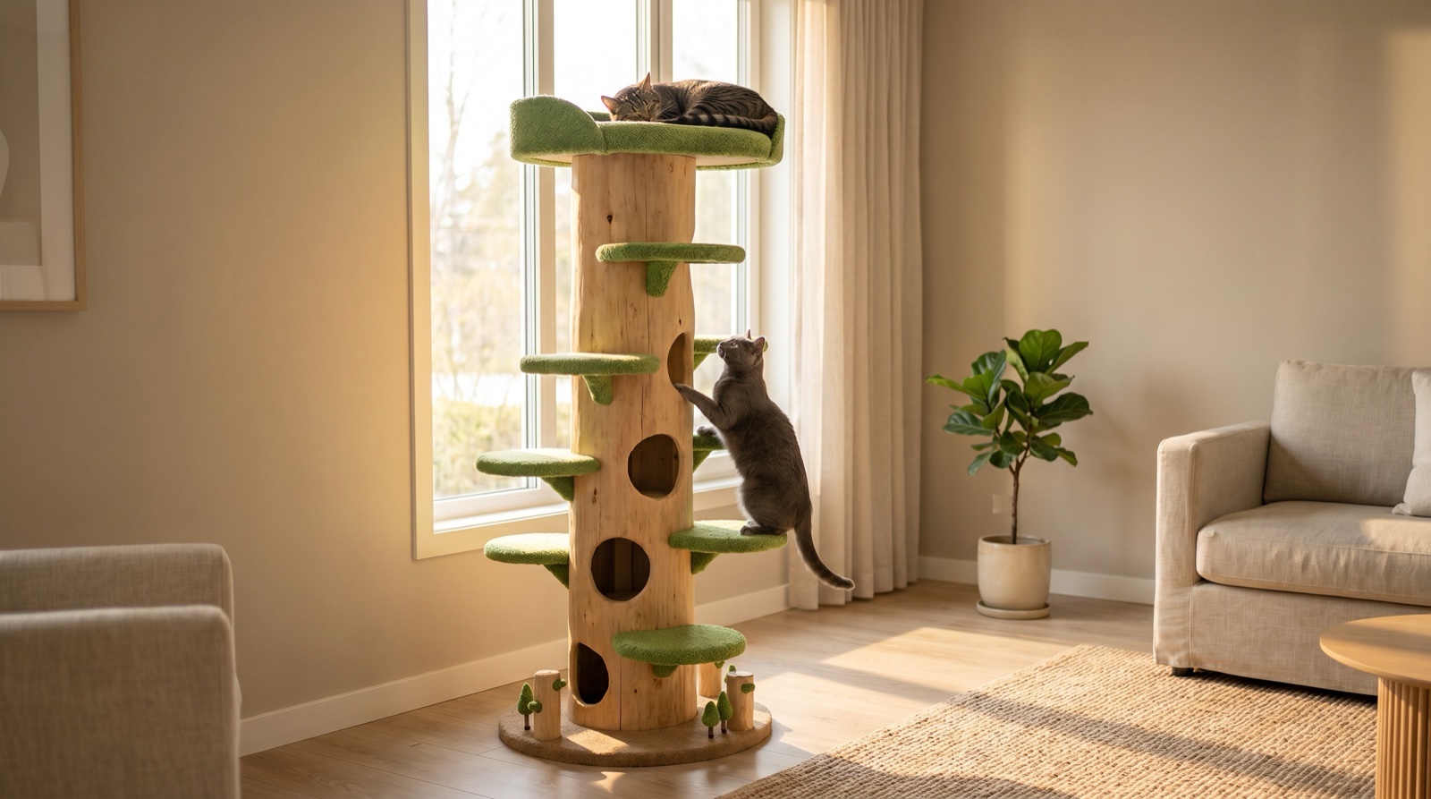 Two cats on the Lumen wood cat condo in a living room