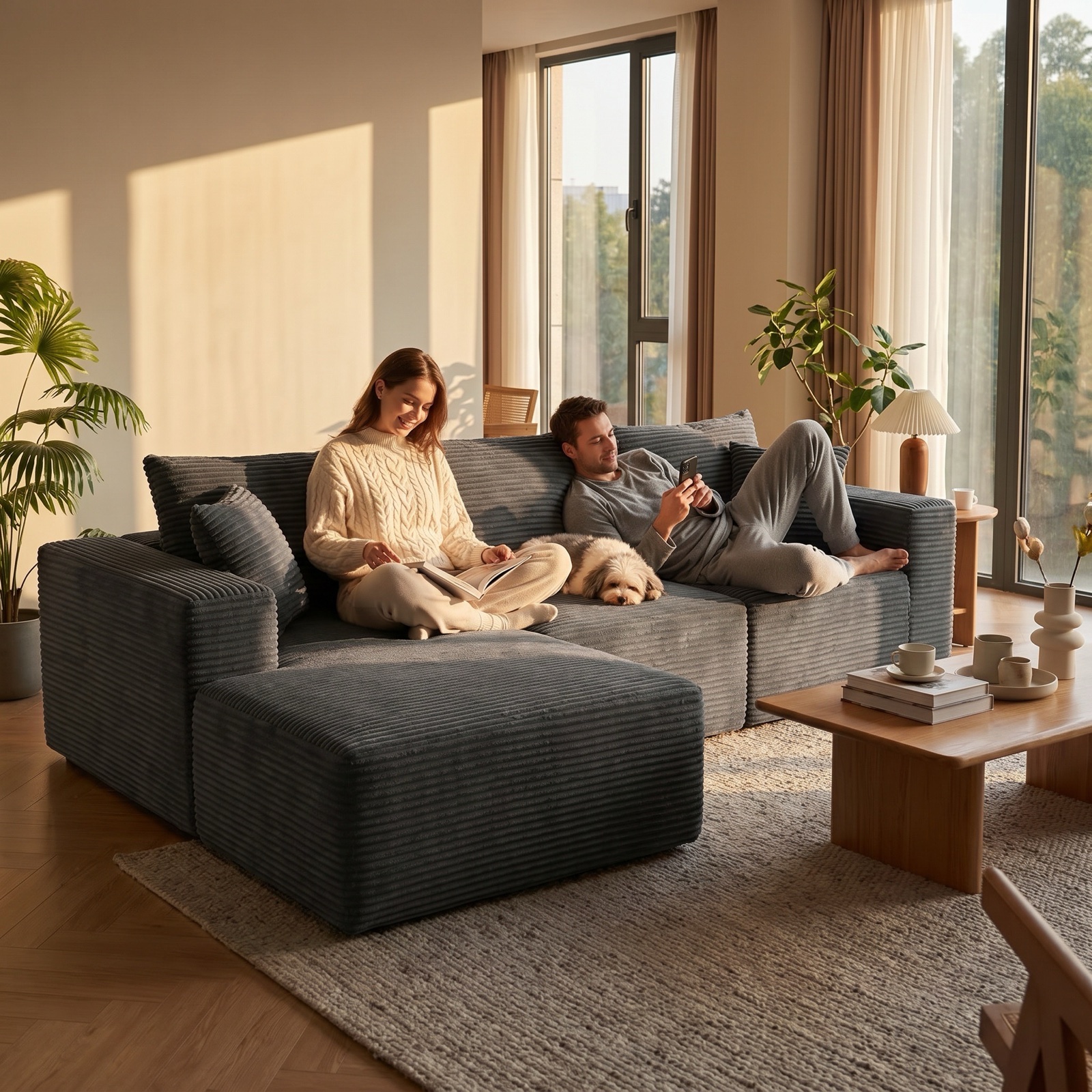 Couple lounging on grey corduroy L-couch