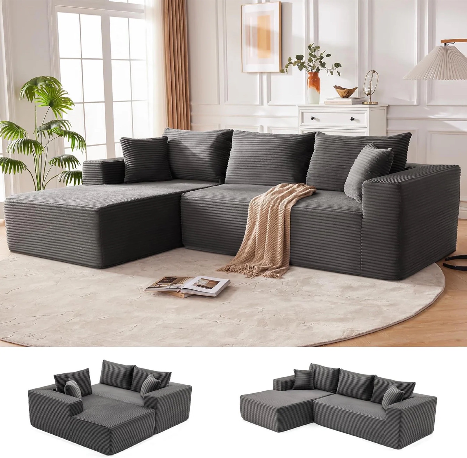 The Lumen Boneless Cloud Couch in plush corduroy, two-piece L-shaped sectional configuration.