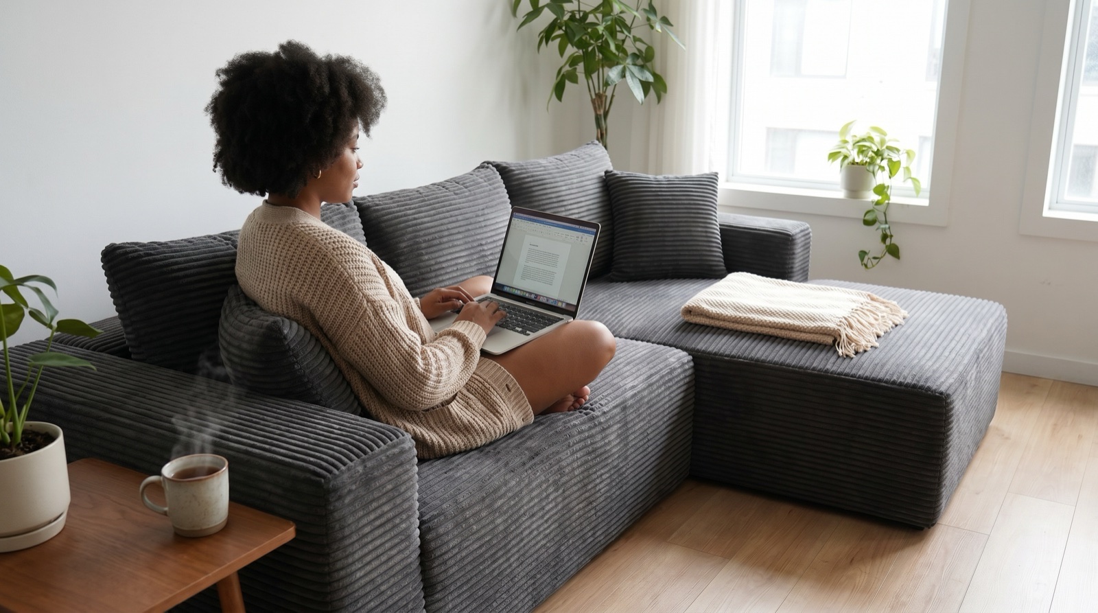 Woman with laptop on grey corduroy couch