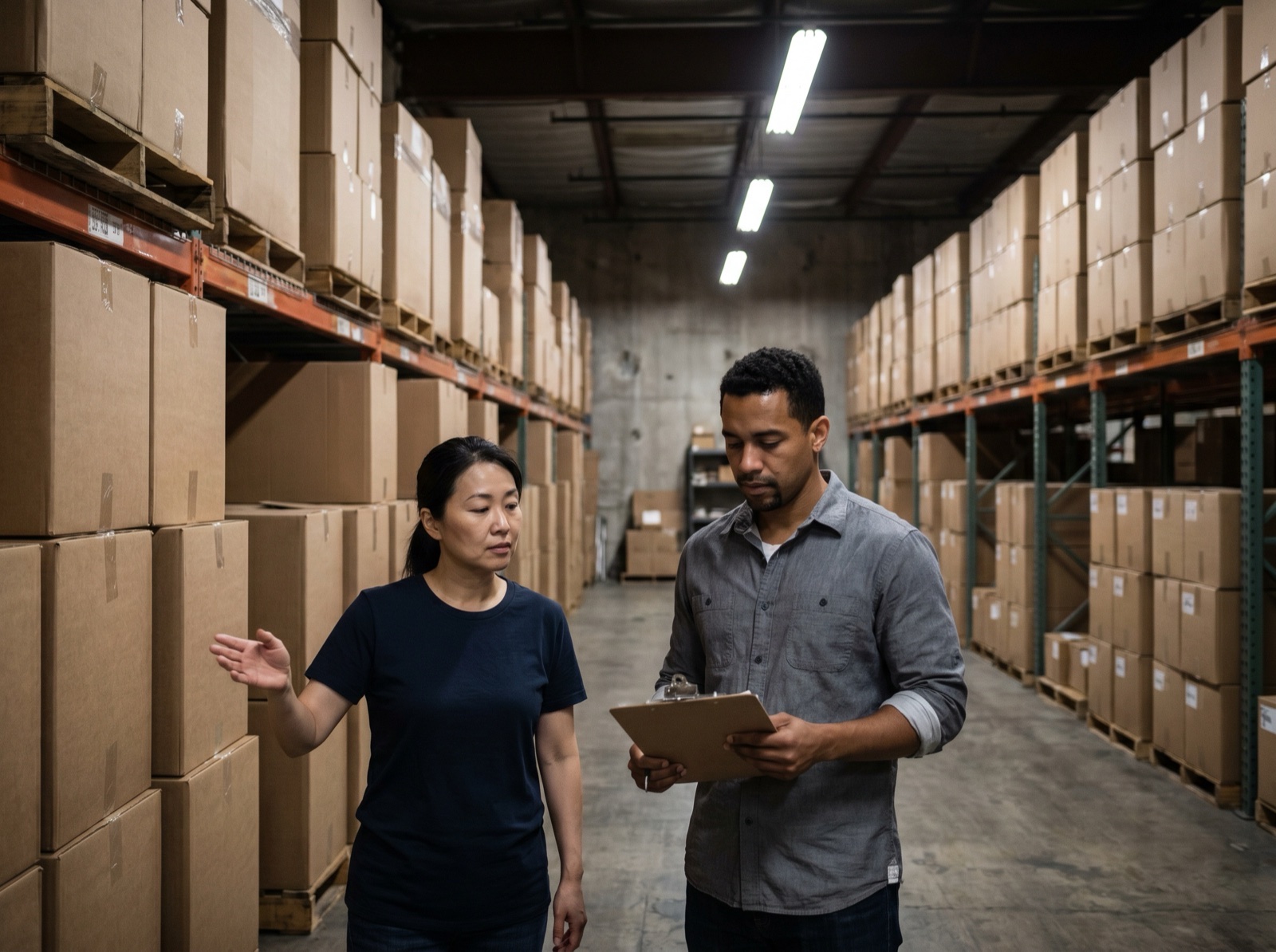 Lumen co-founders standing inside their warehouse, surrounded by tall stacks of boxes.