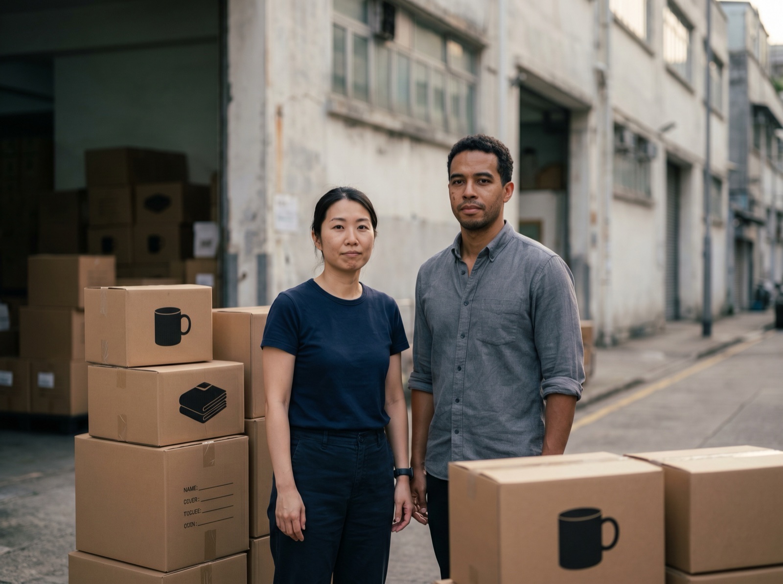 Lumen co-founders standing outside their Hong Kong warehouse, surrounded by stacked product boxes.