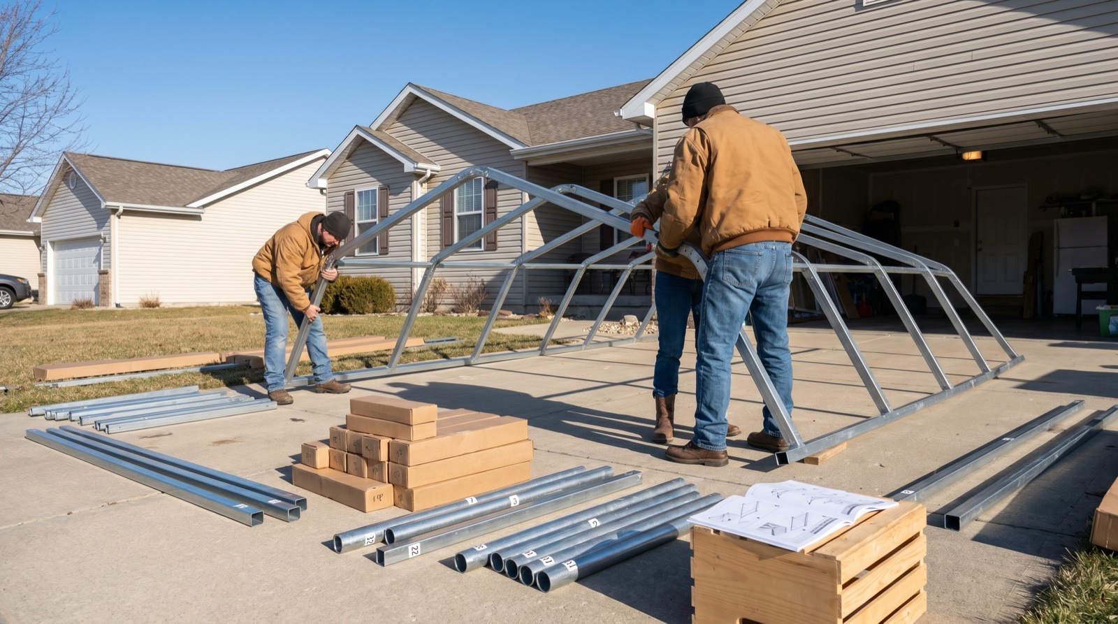 Two adults assembling a galvanized steel carport kit in a residential driveway