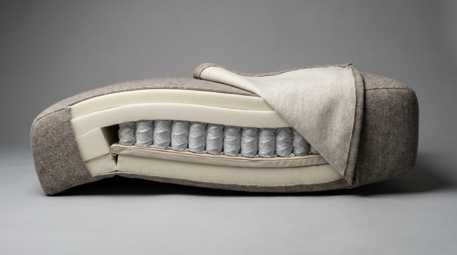 Cutaway cross-section of a foam lounge chair showing internal pocket spring system