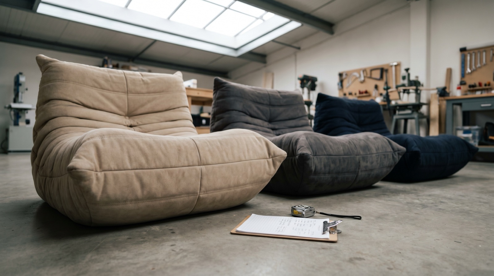 Three foam lounge chairs arranged side by side in a test workshop