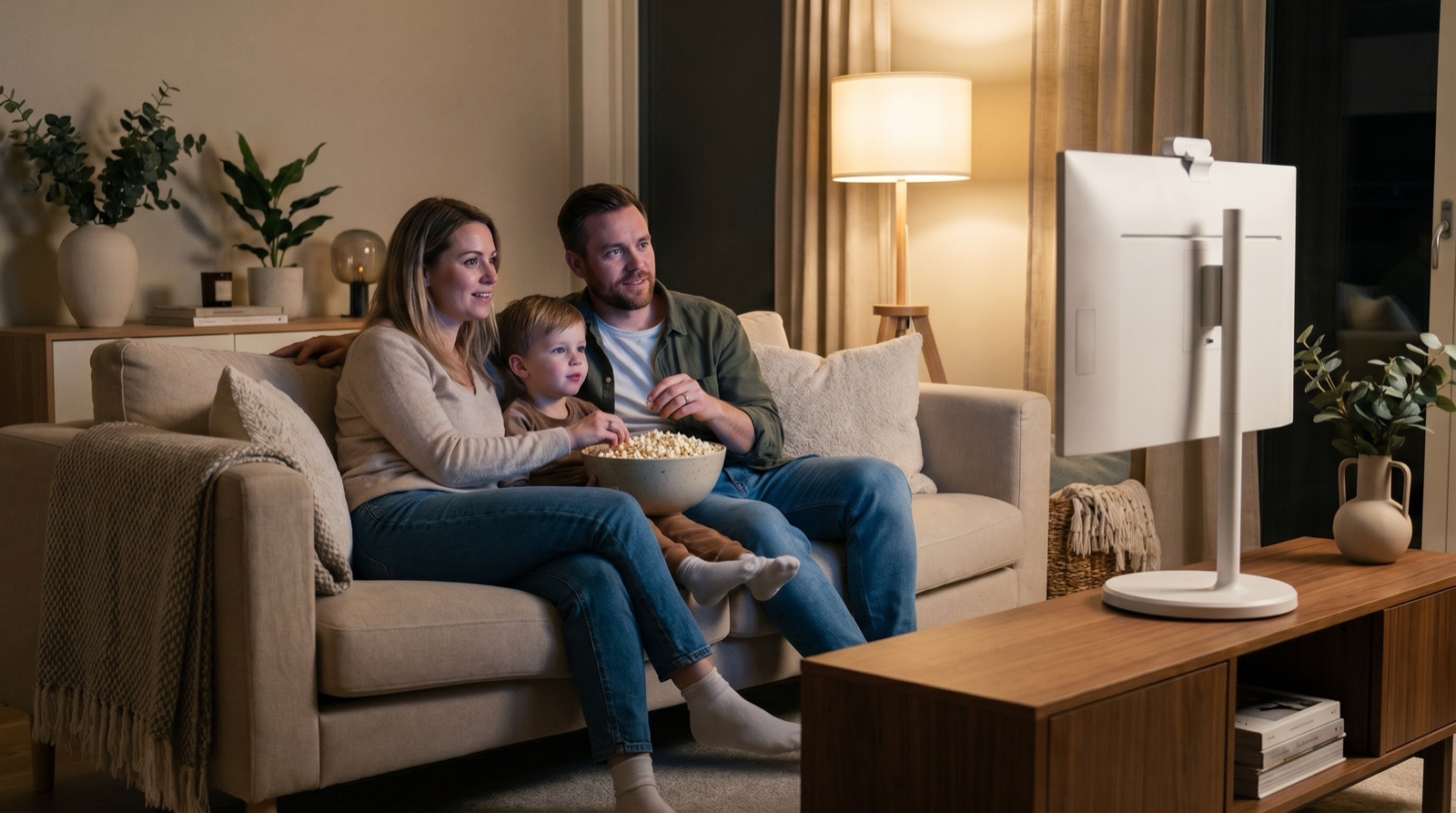 Family watching portable TV together